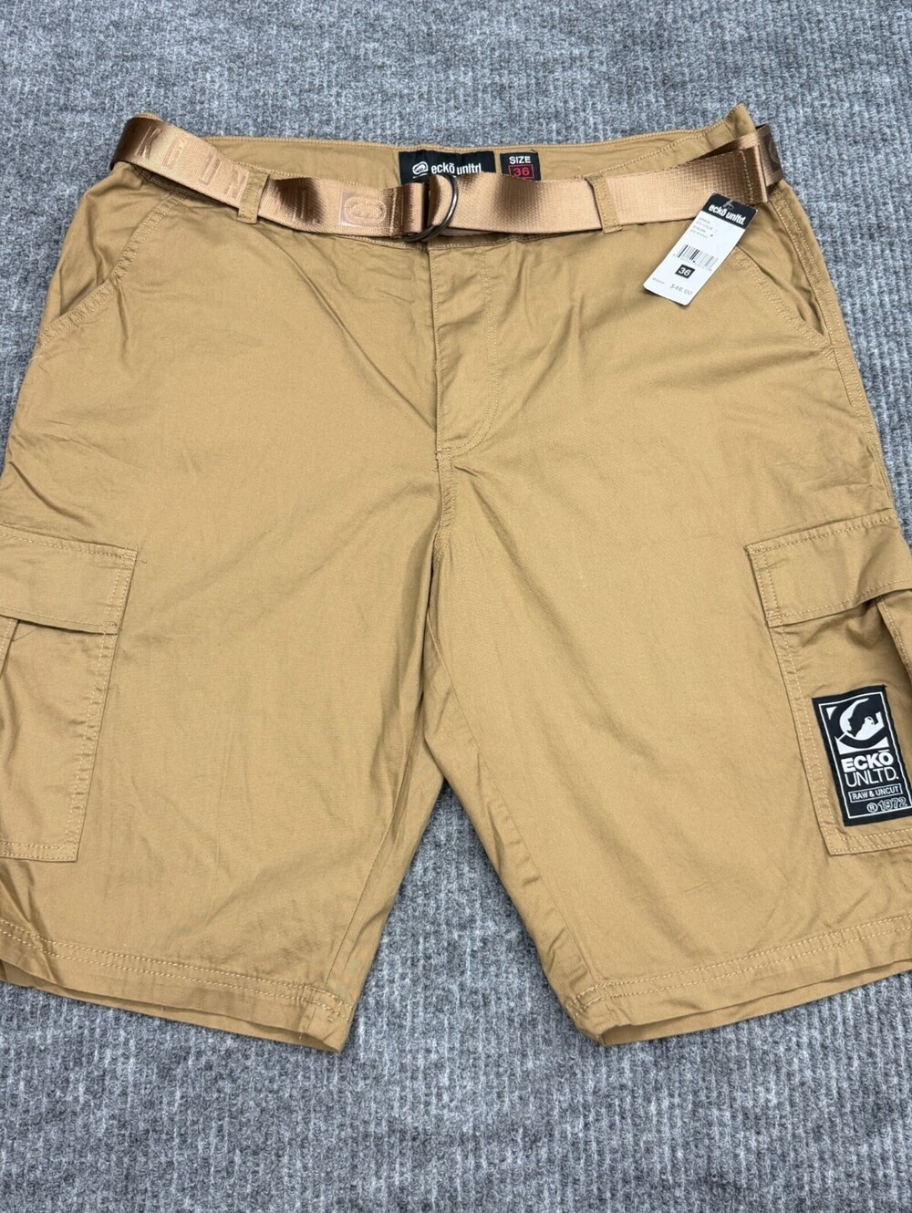 NWT Ecko Unltd Cargo Shorts Mens 36x11 Dark Khaki Brown Belted Baggy Y2K Skater